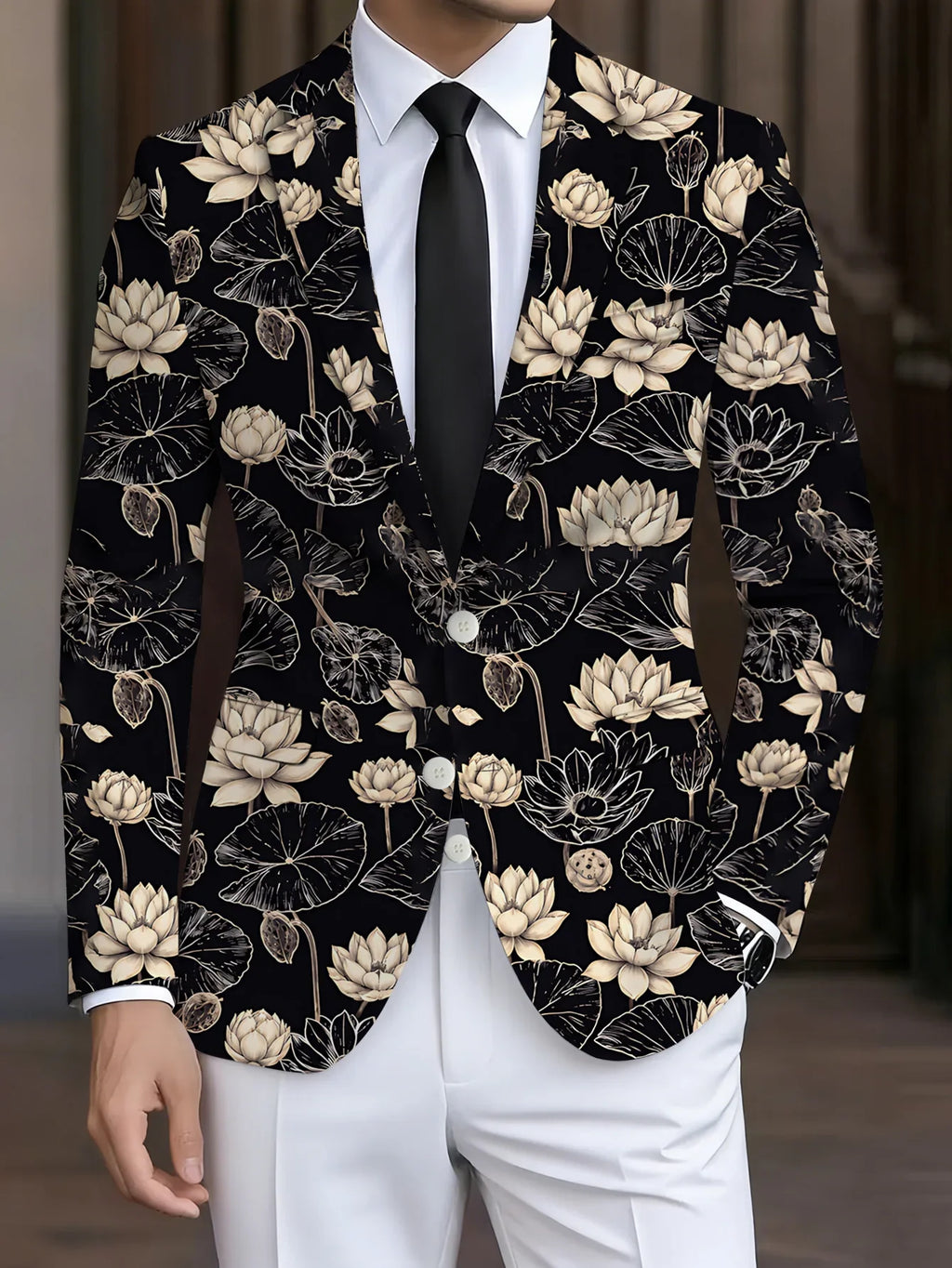 Traje Masculino Estampado com Padrão Lótus 2026, Estilo Retrô Moderno, Estampa Total, Perfeito para Festas ao Ar Livre