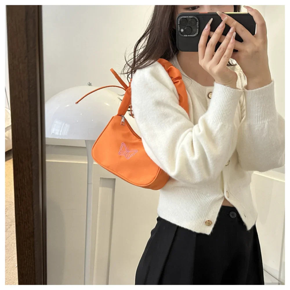 Bordado bowknot borboleta bolsa de ombro y2k-estilo plissado alça náilon arco sacola maquiagem batom bolsa nova