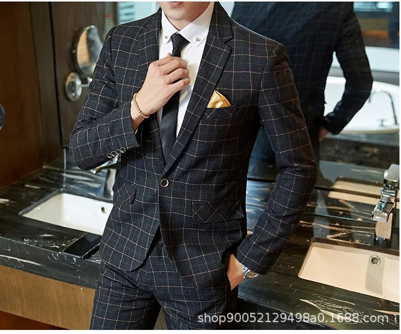 Terno de casamento xadrez fino ajuste masculino jaqueta estilo coreano negócios casual terno único breasted com conjunto de padrinhos de casamento wear