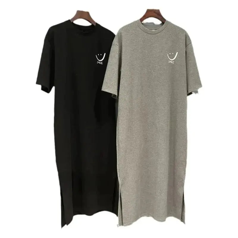 Verão feminino novo vestido camiseta de manga curta solto comprimento médio sobre o joelho vestido