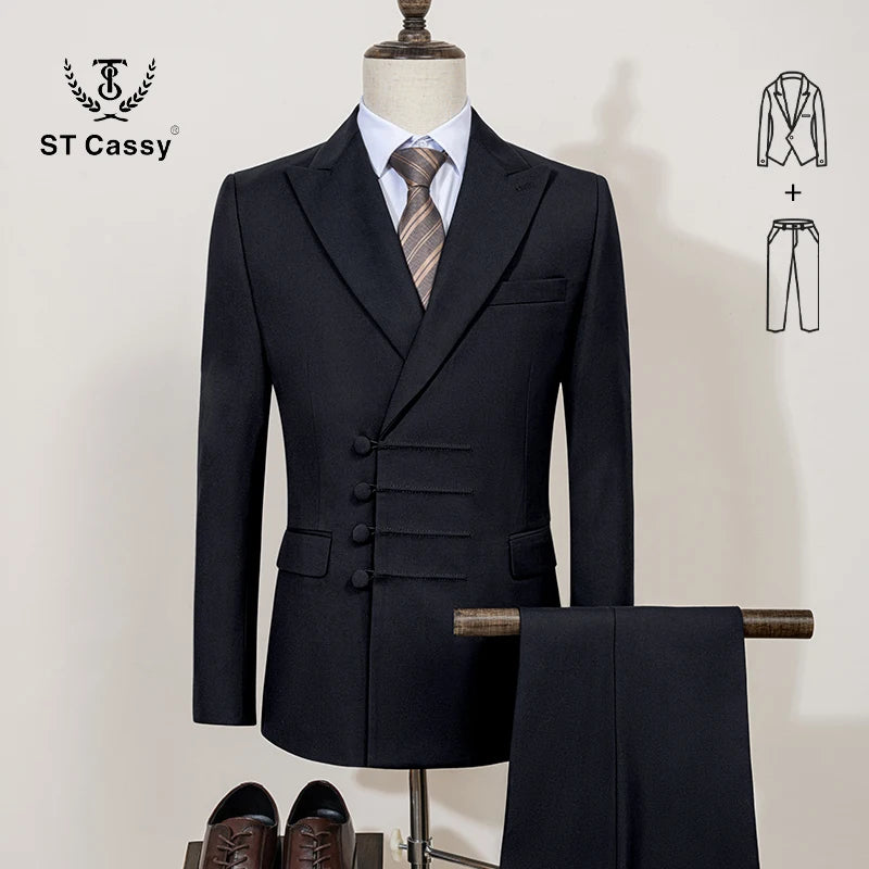 Terno masculino elegante ST Cassy para casamento, cinza, slim fit, trespassado, com vários botões, casual, para negócios, conjunto de 2 peças para festa.