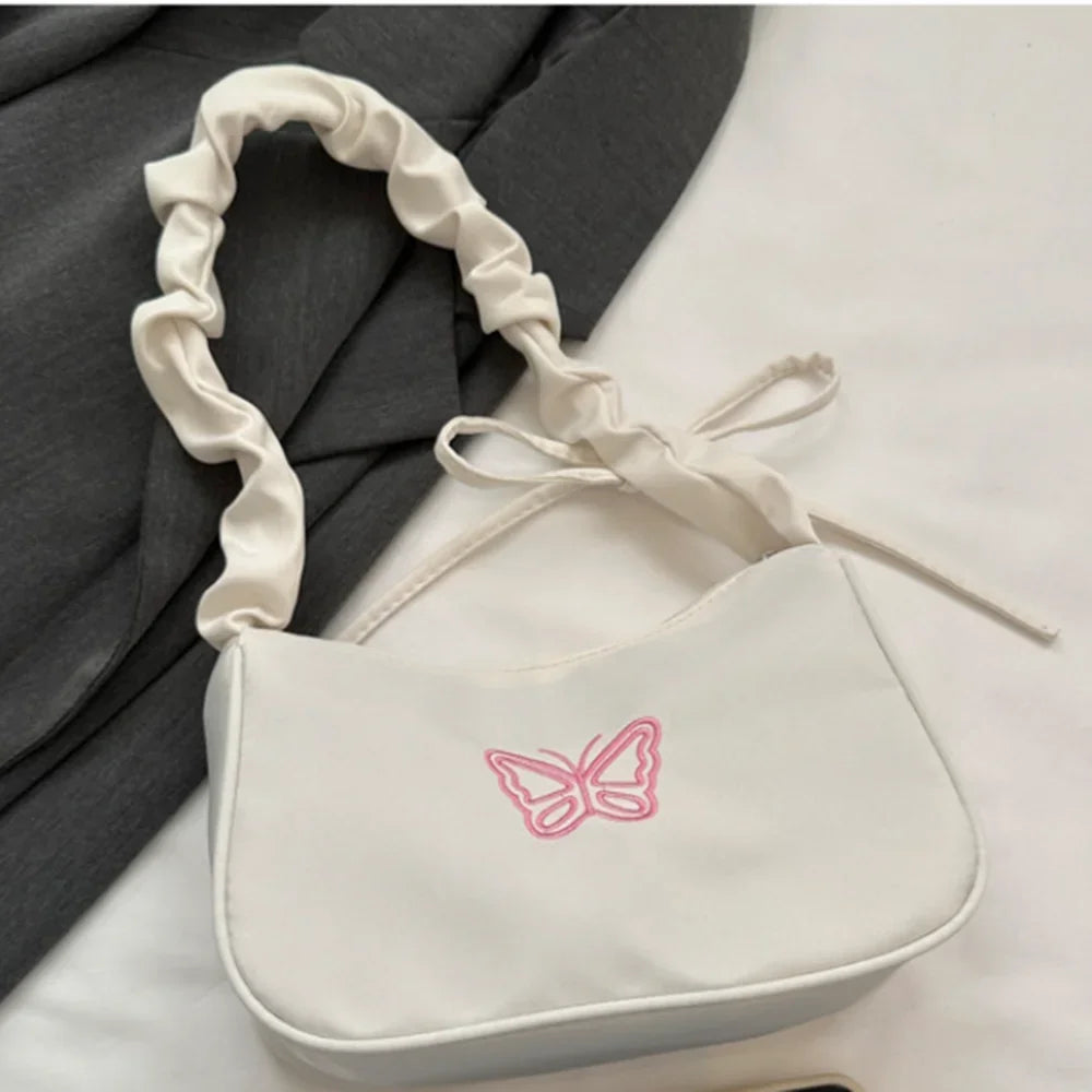 Bordado bowknot borboleta bolsa de ombro y2k-estilo plissado alça náilon arco sacola maquiagem batom bolsa nova