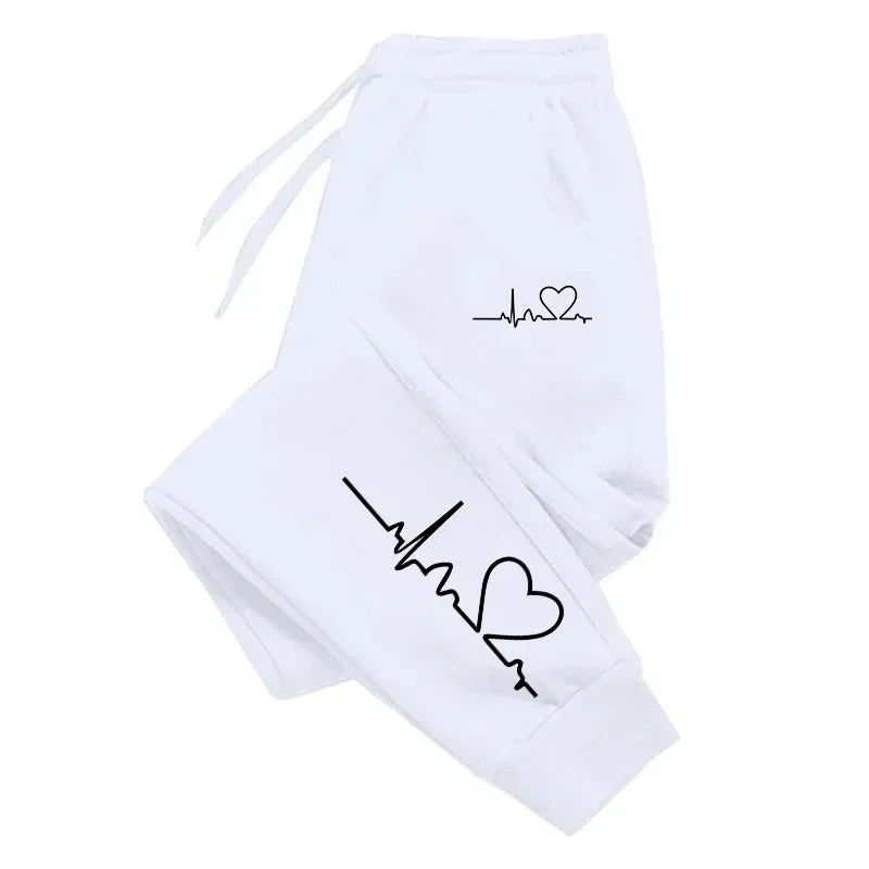 Calça de moletom feminina com estampa de coração, casual, de alta qualidade, fitness, moda, baggy, quente, esporte de rua, corrida, uso diário