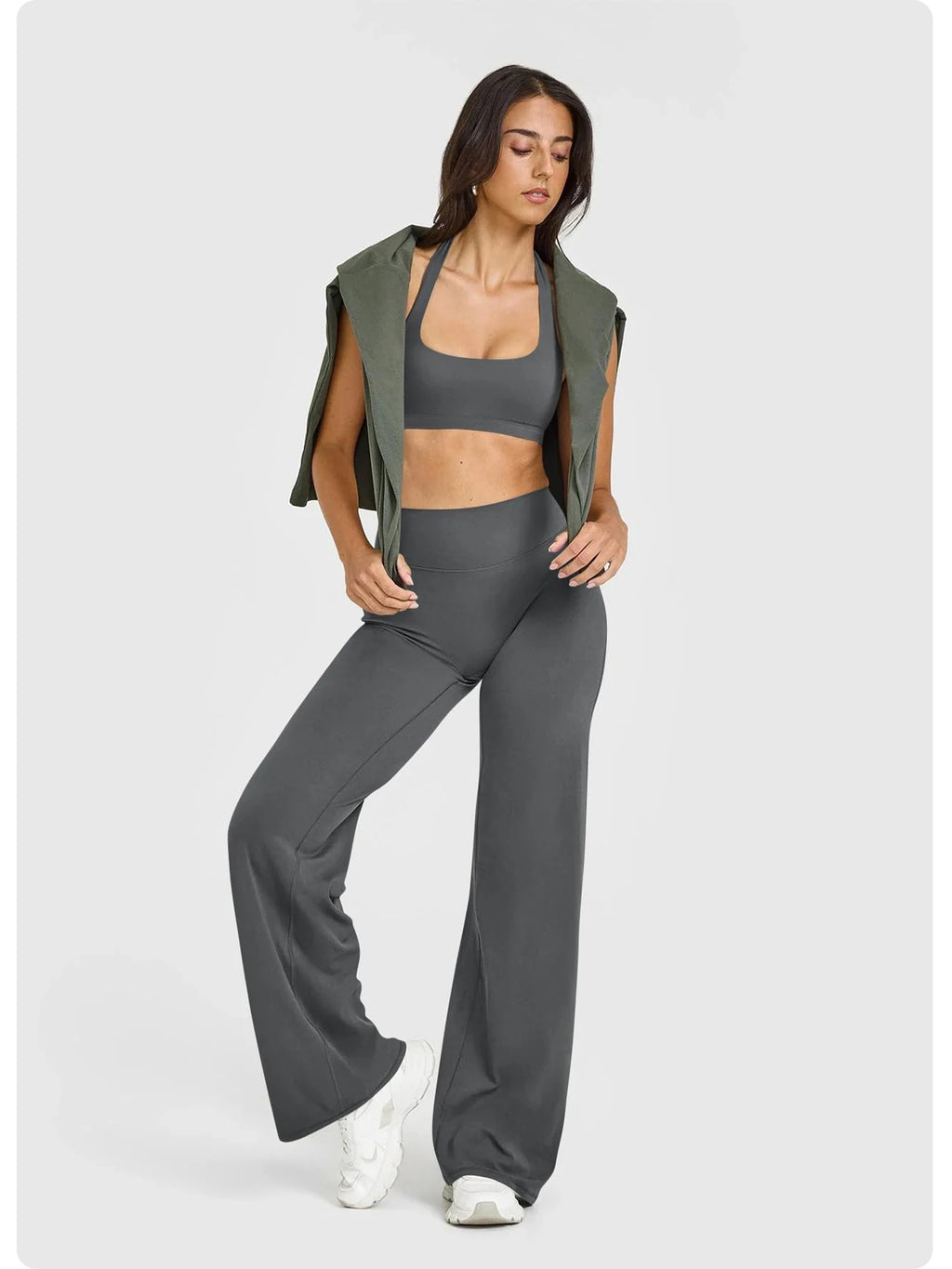 Calças de Yoga de Cintura Alta e Perna Larga para Mulheres, Efeito Levanta Bumbum, Marrom Café, Calças de Treino, Leggings Flare, Controle de Barriga, Roupa de Ginástica e Fitness