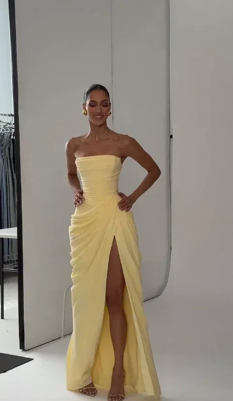 Vestido Elegante Amarelo Plissado Sem Alças para Mulheres, Chique, Sem Mangas, com Cintura Marcada e Fenda, Vestido Longo para Festas Noturnas Femininas 2026