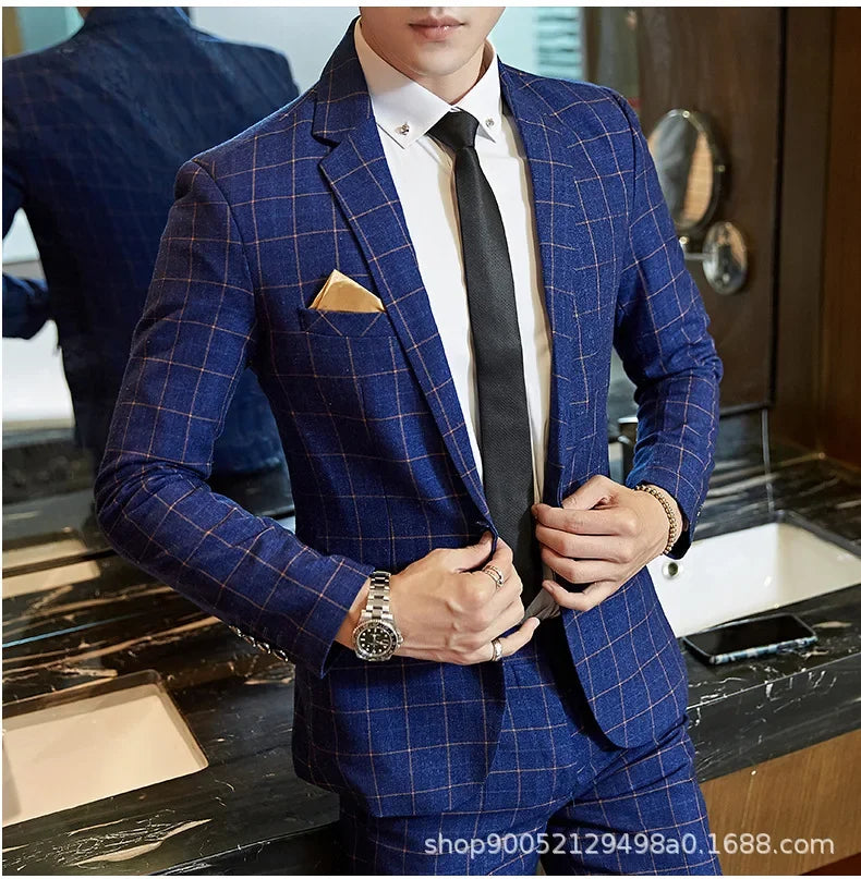 Terno de casamento xadrez fino ajuste masculino jaqueta estilo coreano negócios casual terno único breasted com conjunto de padrinhos de casamento wear
