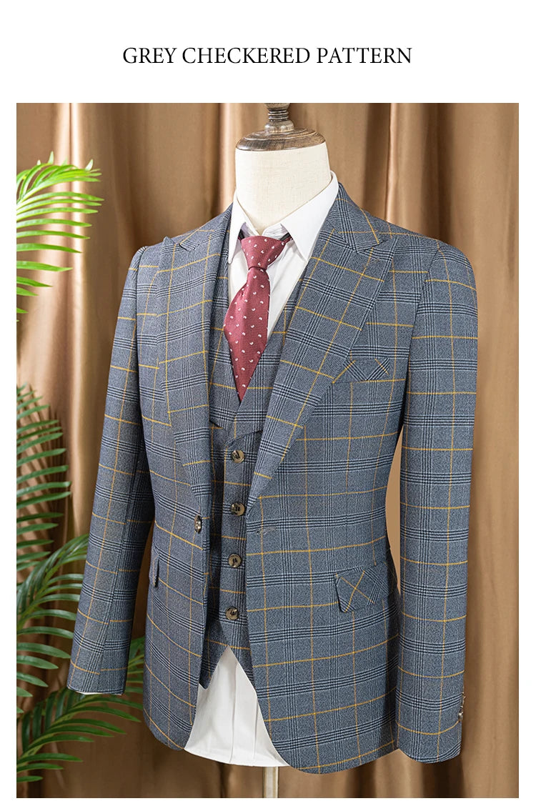 Conjunto de terno xadrez de 3 peças, azul escuro, elegante, para negócios, escritório, casamento, traje formal, elegante, completo, para jantar.