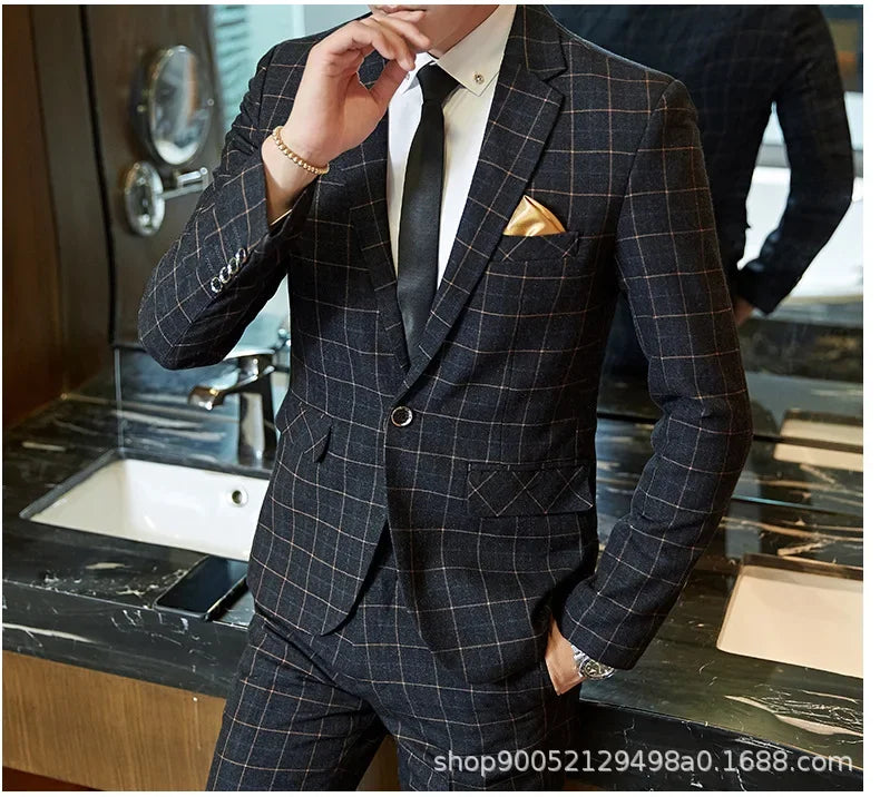 Terno de casamento xadrez fino ajuste masculino jaqueta estilo coreano negócios casual terno único breasted com conjunto de padrinhos de casamento wear
