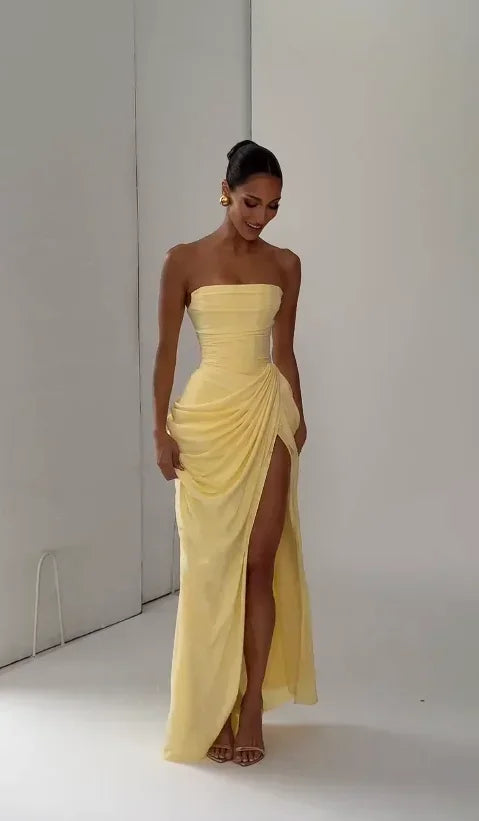 Vestido Elegante Amarelo Plissado Sem Alças para Mulheres, Chique, Sem Mangas, com Cintura Marcada e Fenda, Vestido Longo para Festas Noturnas Femininas 2026