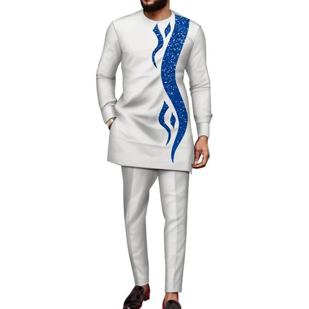 Traje Masculino Africano com Bordado Temos, Conjunto de Duas Peças, Calça Longa, Estilo Étnico Casual, Traje de Casamento, Terno para Noivos.