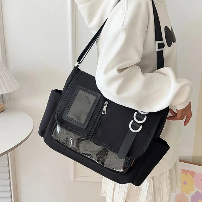 Y2k japonês harajuku sacos de escola para meninas novo transparente itabag ombro crossbody saco diy emblemas placa exibição ita saco