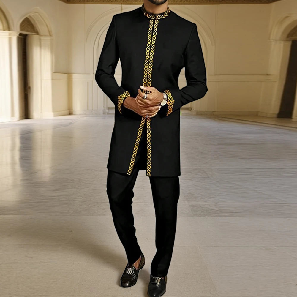 Traje Masculino Africano com Bordado Temos, Conjunto de Duas Peças, Calça Longa, Estilo Étnico Casual, Traje de Casamento, Terno para Noivos.
