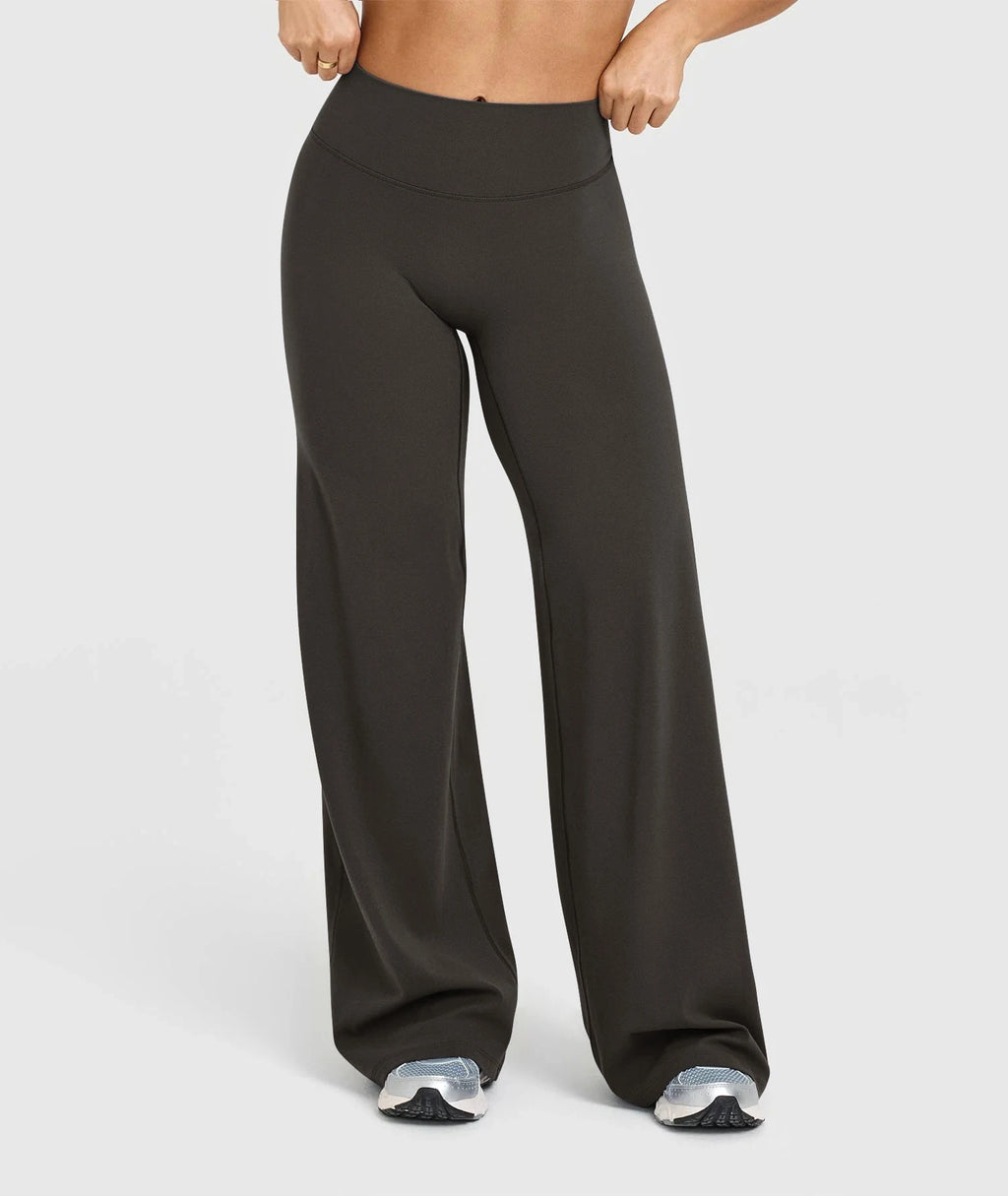 Calças de Yoga de Cintura Alta e Perna Larga para Mulheres, Efeito Levanta Bumbum, Marrom Café, Calças de Treino, Leggings Flare, Controle de Barriga, Roupa de Ginástica e Fitness
