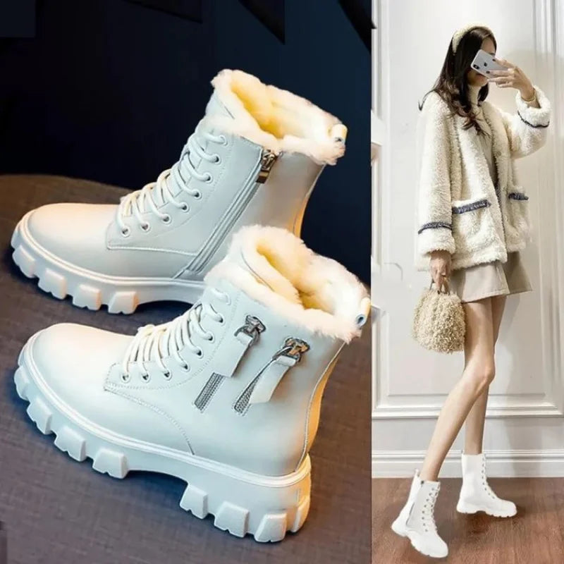 Botas 2025 novo estilo coreano forrado de lã outono inverno sapatos de algodão de alta qualidade botas femininas salto alto meados de bezerro bootsins