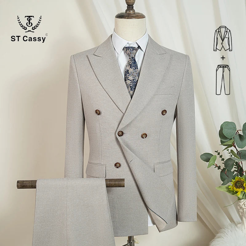 Terno masculino elegante azul escuro ST Cassy, conjunto de 2 peças, moderno, para casamento, festas, negócios e escritório.