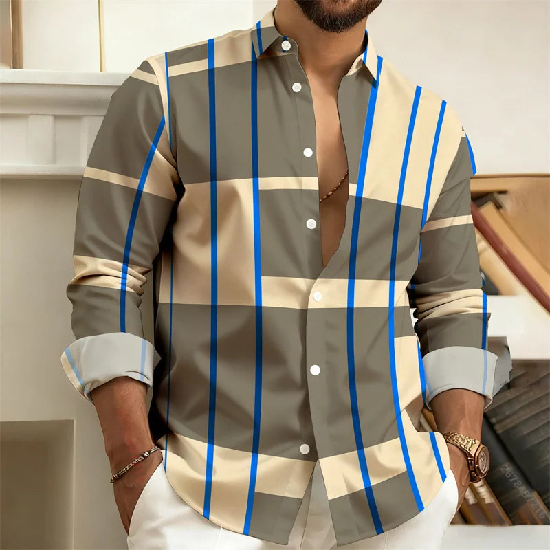 Camisa masculina listrada de manga comprida com bloqueio de cores, camisa casual de negócios estilo retrô, top moderno masculino slim fit, tamanhos S-6XL