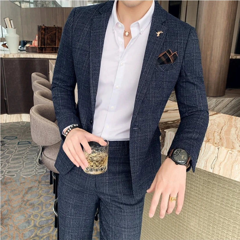 Terno de negócios fino ajuste masculino alta qualidade boutique moda conjunto de duas peças bonito tendência banquete quatro estações calças incluídas