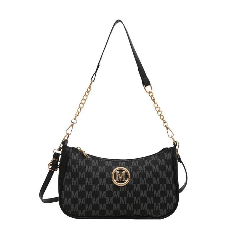 Bolsa crossbody estilo vintage, bolsa mensageiro de ombro de couro pu com design de letra dourada 'M', bolsa tote de couro sintético, bolsa
