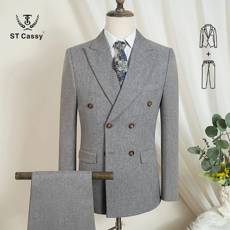 Terno masculino elegante azul escuro ST Cassy, conjunto de 2 peças, moderno, para casamento, festas, negócios e escritório.