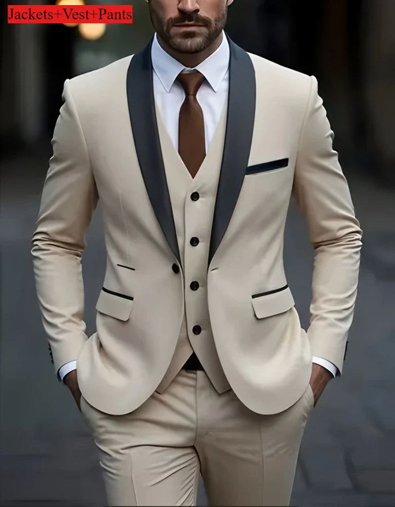 Conjunto de terno formal masculino negócios casual fino ajuste smoking para casamento, lapela de entalhe de manga longa, noivo
