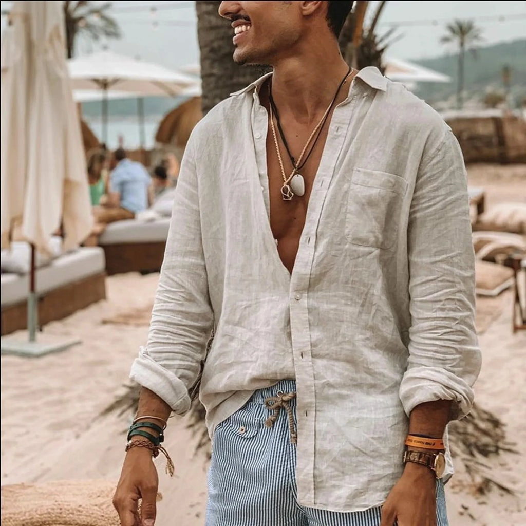 Camisa masculina casual e elegante de cor sólida fina de manga comprida com gola/cardigan leve e respirável, adequada para atividades ao ar livre
