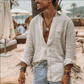 Camisa masculina casual e elegante de cor sólida fina de manga comprida com gola/cardigan leve e respirável, adequada para atividades ao ar livre