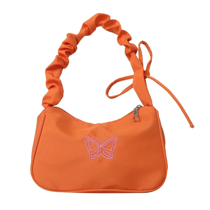 Bordado bowknot borboleta bolsa de ombro y2k-estilo plissado alça náilon arco sacola maquiagem batom bolsa nova