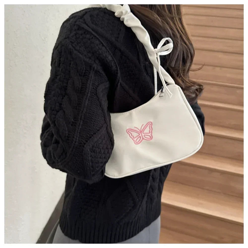 Bordado bowknot borboleta bolsa de ombro y2k-estilo plissado alça náilon arco sacola maquiagem batom bolsa nova