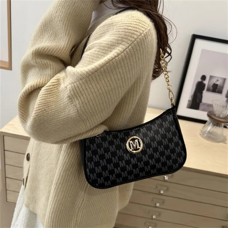 Bolsa crossbody estilo vintage, bolsa mensageiro de ombro de couro pu com design de letra dourada 'M', bolsa tote de couro sintético, bolsa