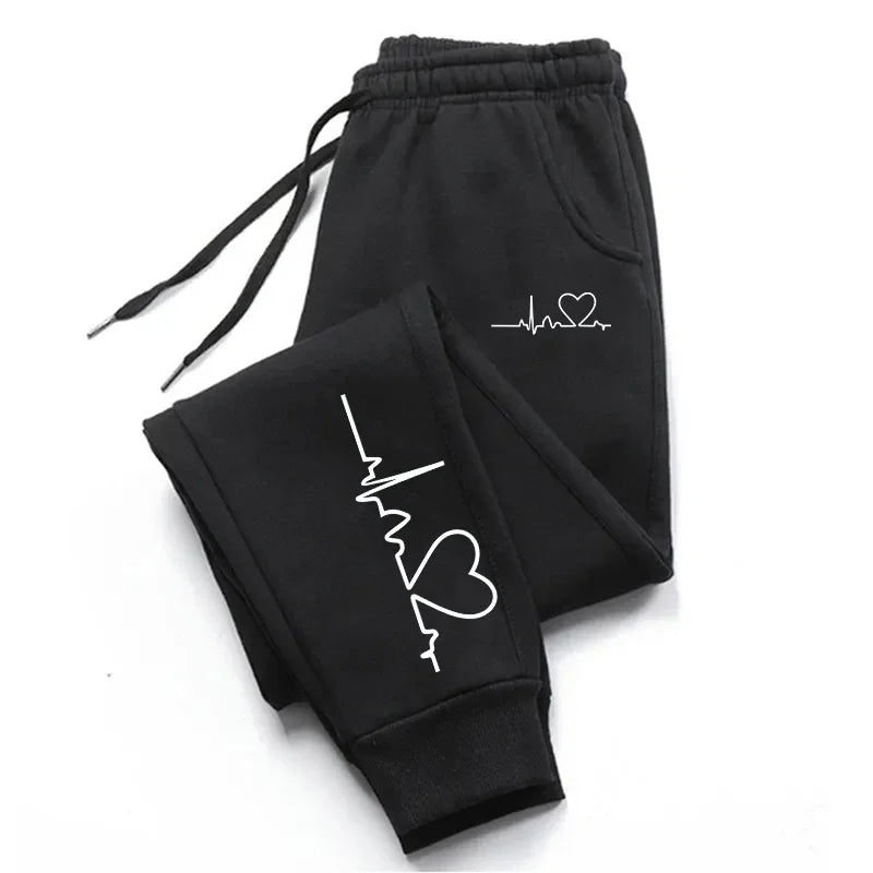 Calça de moletom feminina com estampa de coração, casual, de alta qualidade, fitness, moda, baggy, quente, esporte de rua, corrida, uso diário