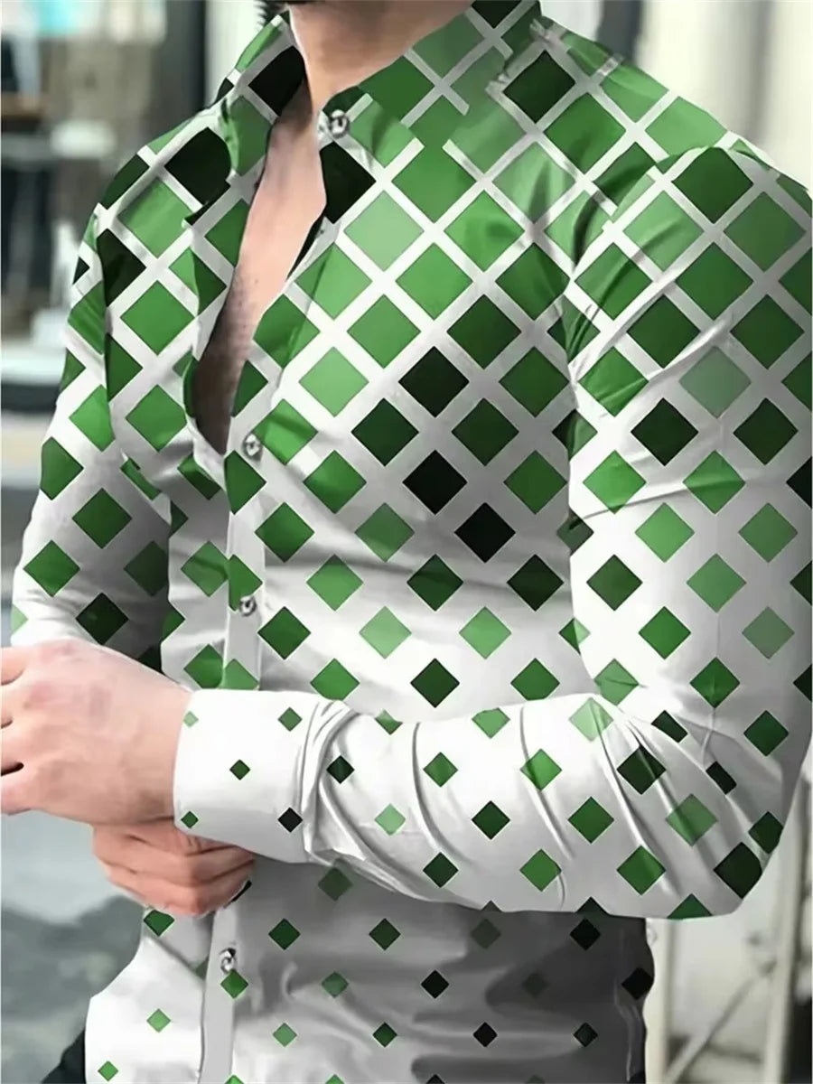 Camisa masculina de manga comprida com design de estampa de linha geométrica preta e dourada, blusa cardigã casual elegante, tecido confortável.
