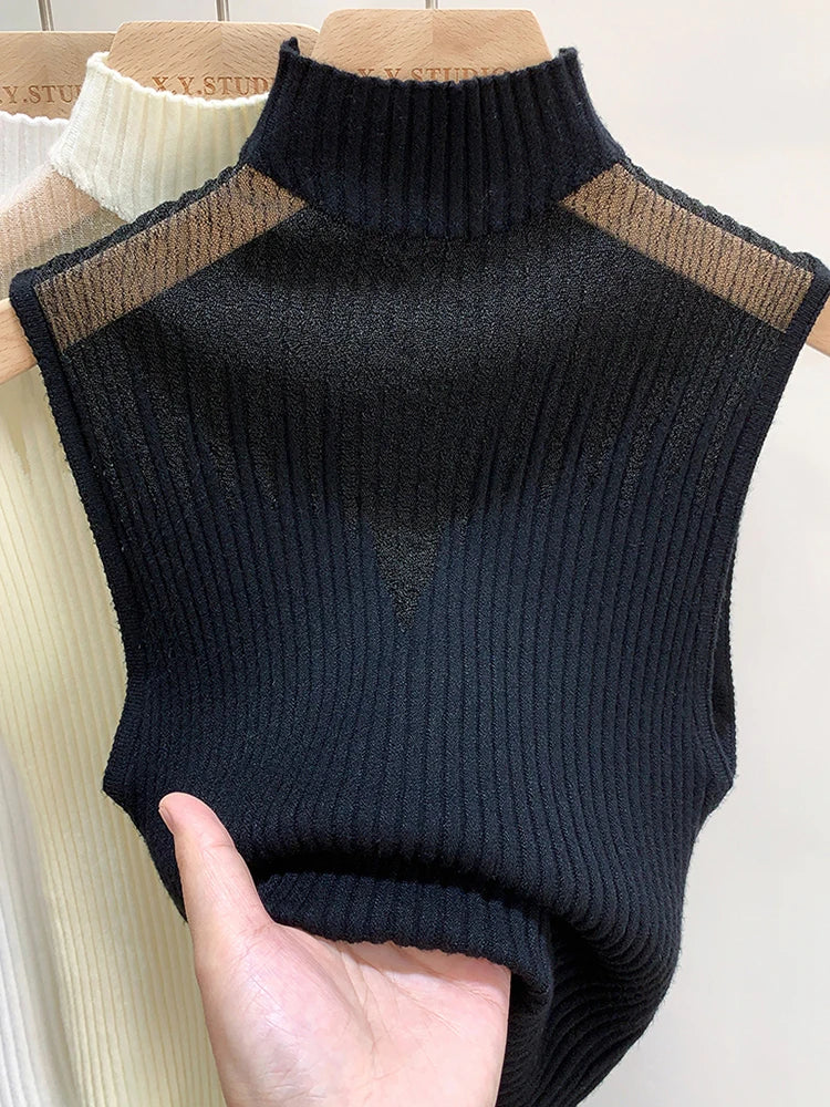 Top de malha de malha feminina y2k regata meio pescoço colete feminino sem mangas camisola chique corte streetwear sólido magro tubo topo