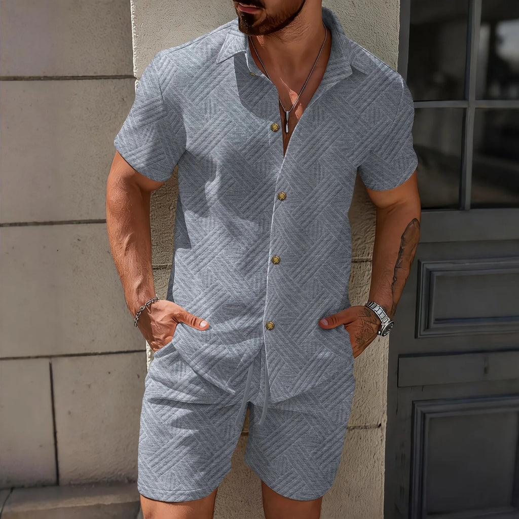 Conjunto Casual Masculino de Verão 2026: Camisa de Manga Curta com Gola Lapela em Tricô Waffle Jacquard de Cor Sólida e Shorts - Lançamento Quente!