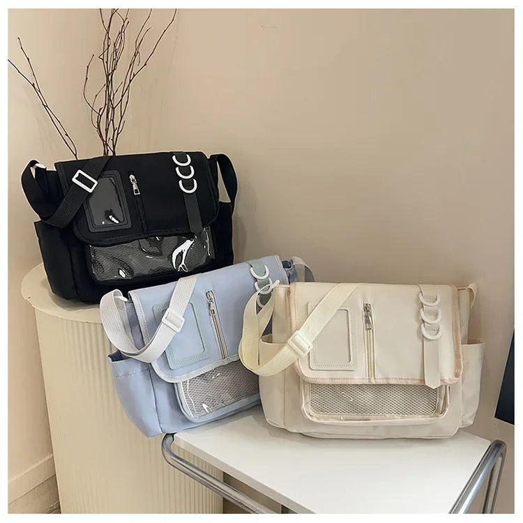 Y2k japonês harajuku sacos de escola para meninas novo transparente itabag ombro crossbody saco diy emblemas placa exibição ita saco