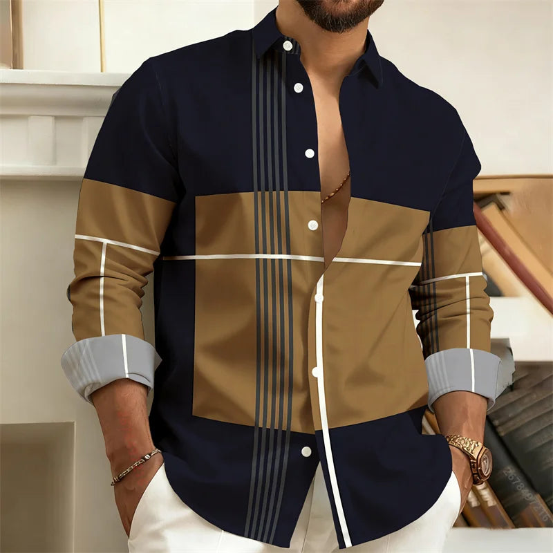 Camisa masculina listrada de manga comprida com bloqueio de cores, camisa casual de negócios estilo retrô, top moderno masculino slim fit, tamanhos S-6XL