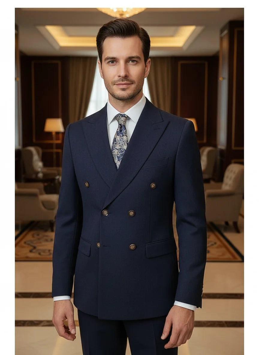 Terno masculino elegante azul escuro ST Cassy, conjunto de 2 peças, moderno, para casamento, festas, negócios e escritório.
