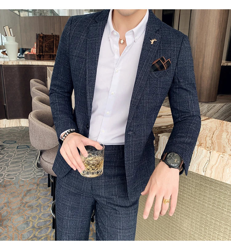 Terno de negócios fino ajuste masculino alta qualidade boutique moda conjunto de duas peças bonito tendência banquete quatro estações calças incluídas