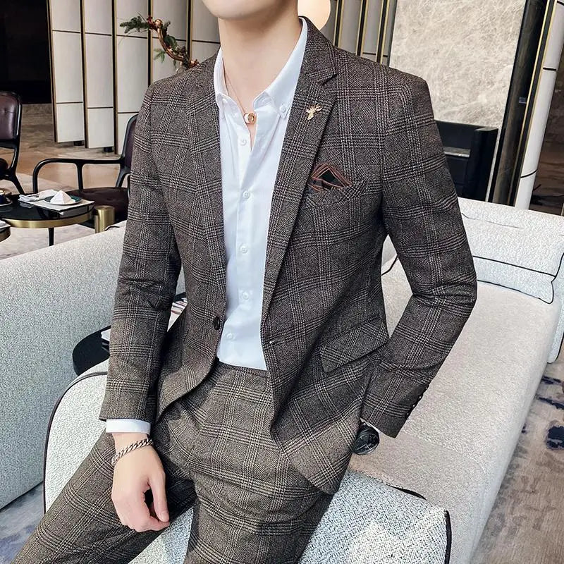 Terno de negócios fino ajuste masculino alta qualidade boutique moda conjunto de duas peças bonito tendência banquete quatro estações calças incluídas