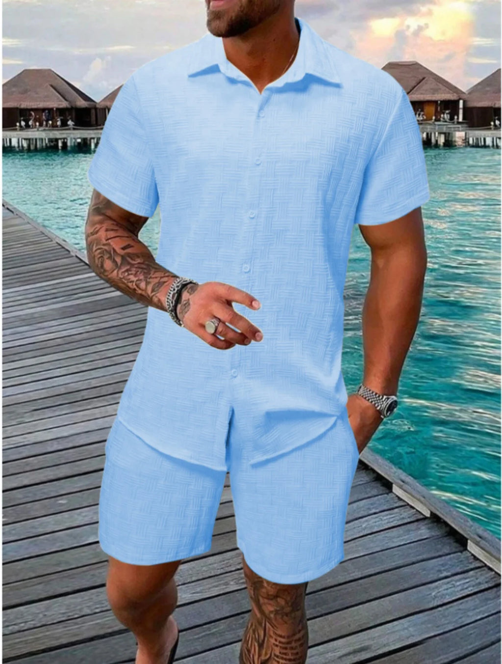 2025 novo verão masculino de manga curta terno lapela moda casual praia listrado terno xadrez