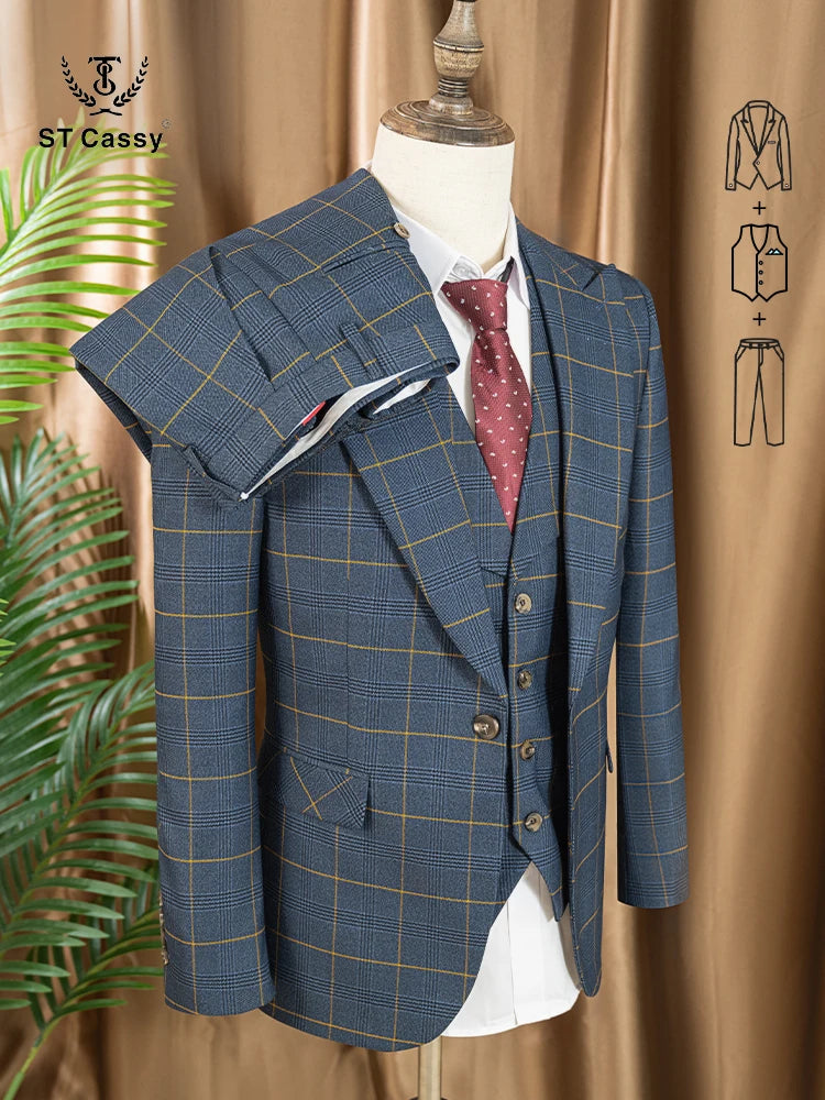Conjunto de terno xadrez de 3 peças, azul escuro, elegante, para negócios, escritório, casamento, traje formal, elegante, completo, para jantar.
