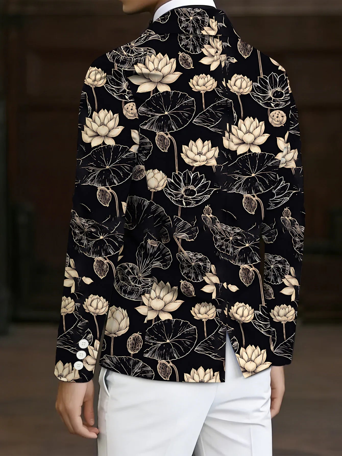 Traje Masculino Estampado com Padrão Lótus 2026, Estilo Retrô Moderno, Estampa Total, Perfeito para Festas ao Ar Livre