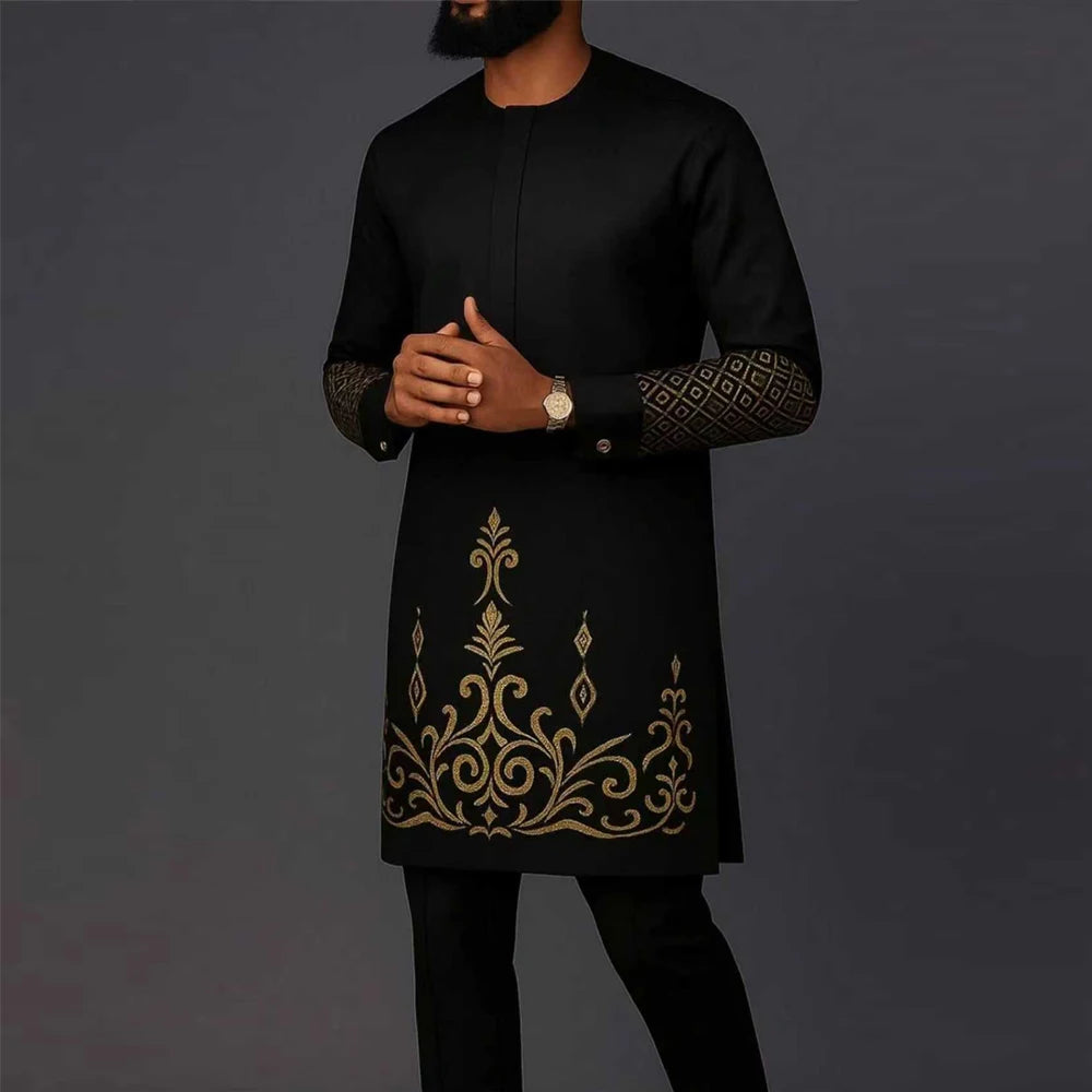 Traje Masculino Africano com Bordado Temos, Conjunto de Duas Peças, Calça Longa, Estilo Étnico Casual, Traje de Casamento, Terno para Noivos.