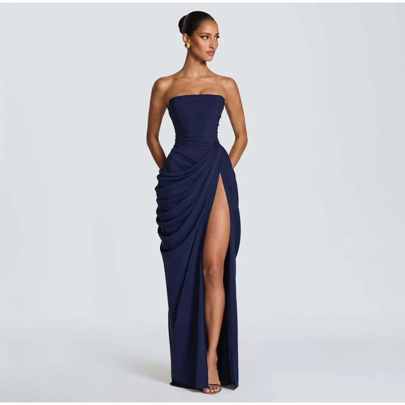 Vestido Elegante Amarelo Plissado Sem Alças para Mulheres, Chique, Sem Mangas, com Cintura Marcada e Fenda, Vestido Longo para Festas Noturnas Femininas 2026