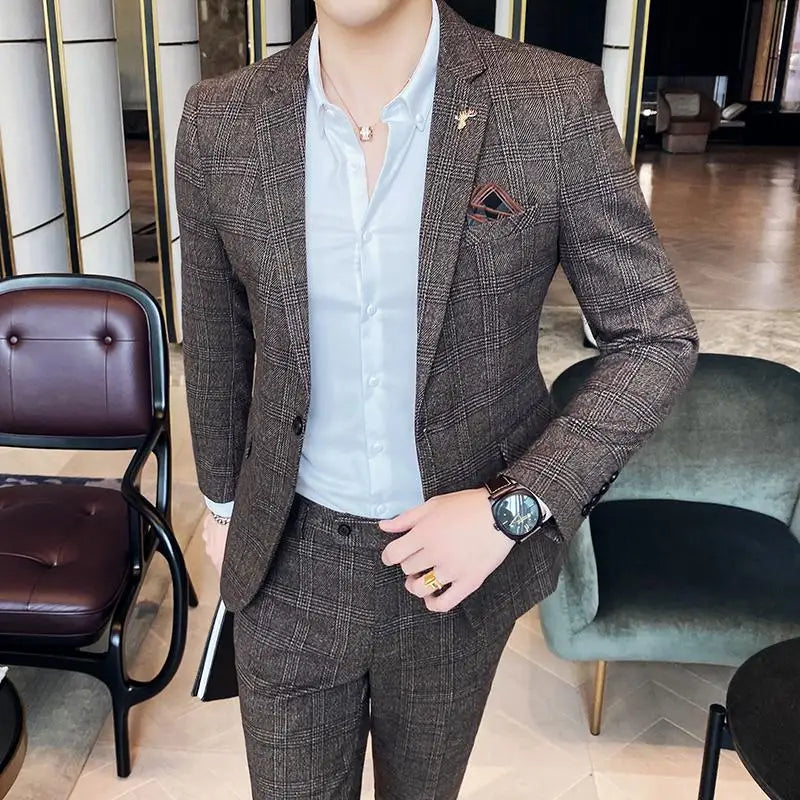 Terno de negócios fino ajuste masculino alta qualidade boutique moda conjunto de duas peças bonito tendência banquete quatro estações calças incluídas