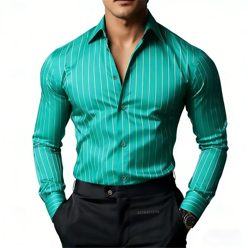 Camisa masculina listrada de manga comprida, business casual, versátil, com gola lapela e design de botão, disponível em 19 cores.