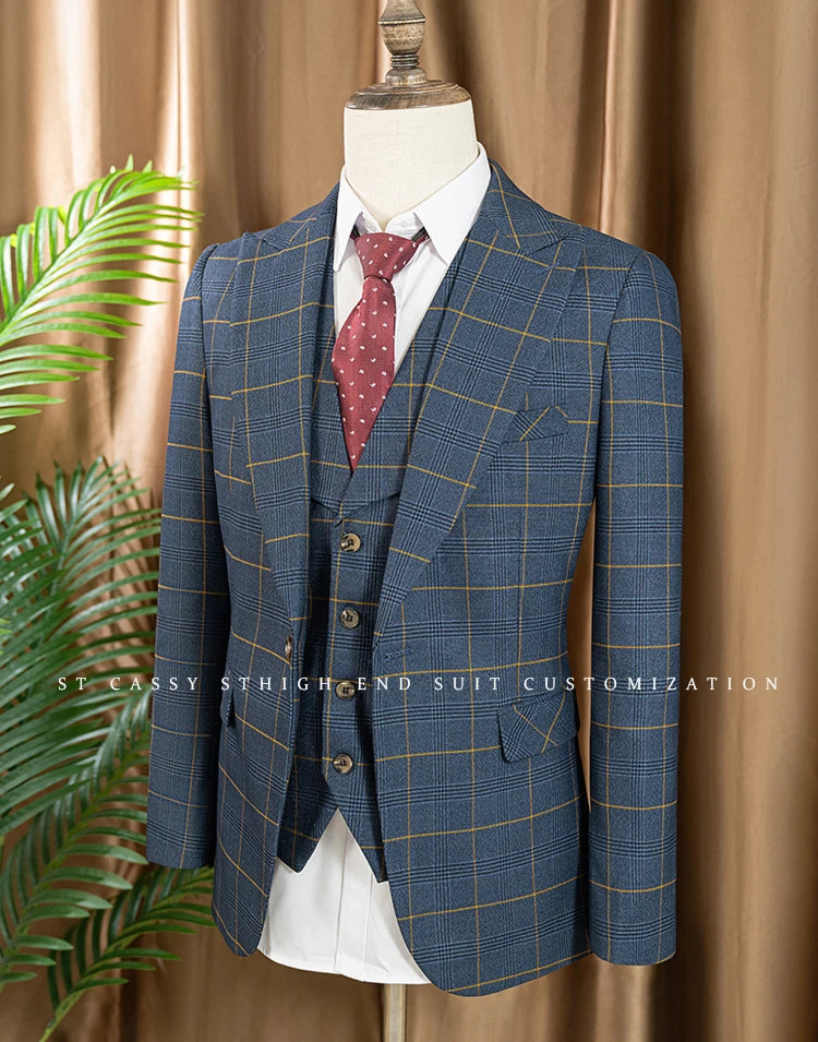 Conjunto de terno xadrez de 3 peças, azul escuro, elegante, para negócios, escritório, casamento, traje formal, elegante, completo, para jantar.