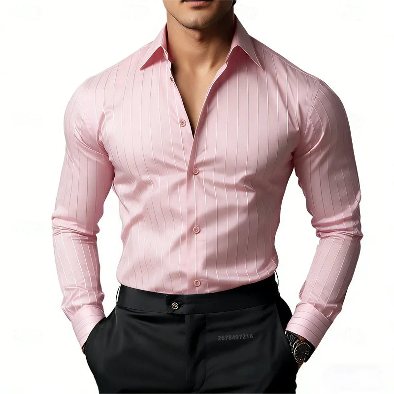 Camisa masculina listrada de manga comprida, business casual, versátil, com gola lapela e design de botão, disponível em 19 cores.