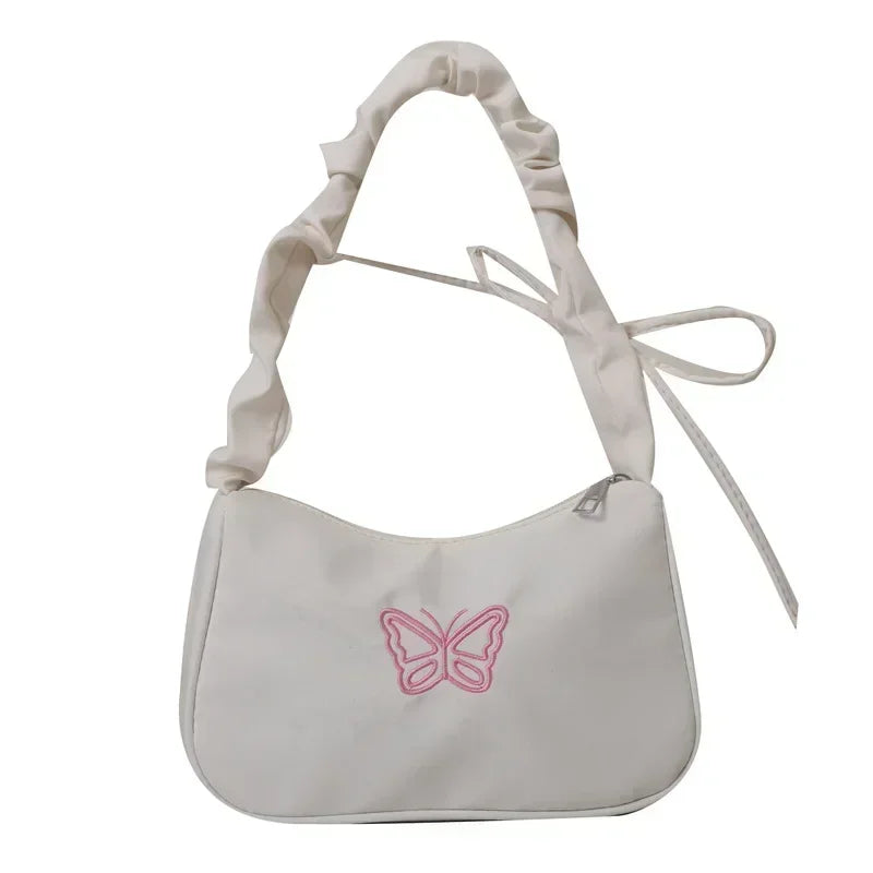 Bordado bowknot borboleta bolsa de ombro y2k-estilo plissado alça náilon arco sacola maquiagem batom bolsa nova
