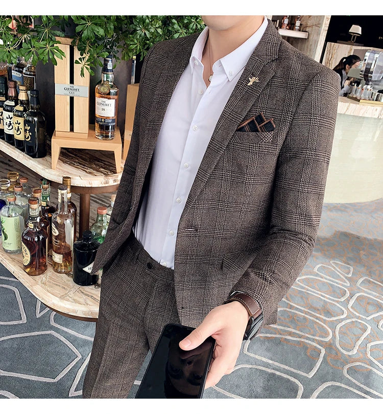Terno de negócios fino ajuste masculino alta qualidade boutique moda conjunto de duas peças bonito tendência banquete quatro estações calças incluídas
