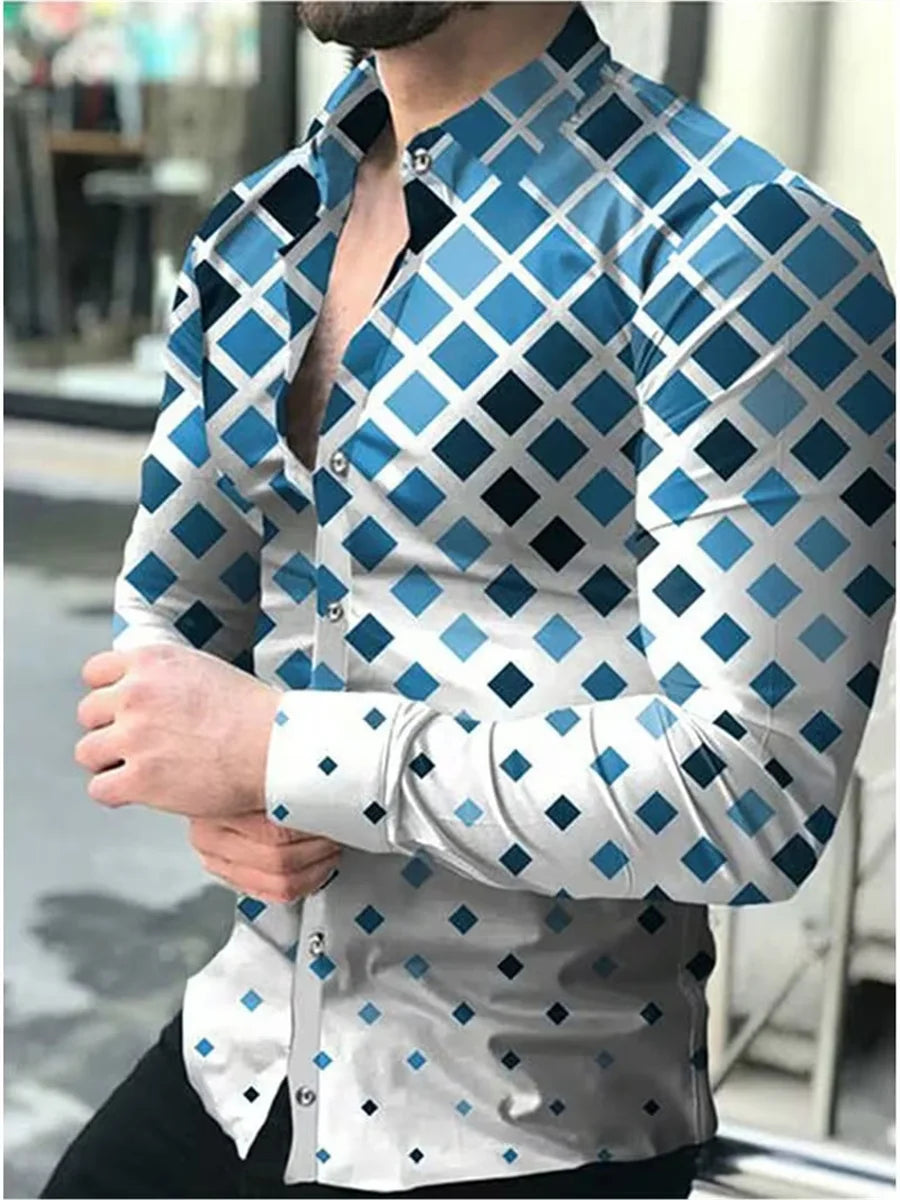 Camisa masculina de manga comprida com design de estampa de linha geométrica preta e dourada, blusa cardigã casual elegante, tecido confortável.